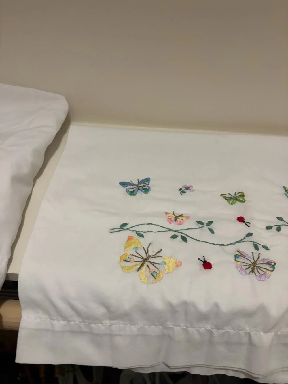 Vintage Embroidered White Standard Pillowcases Butterflies In Flight by Bucilla